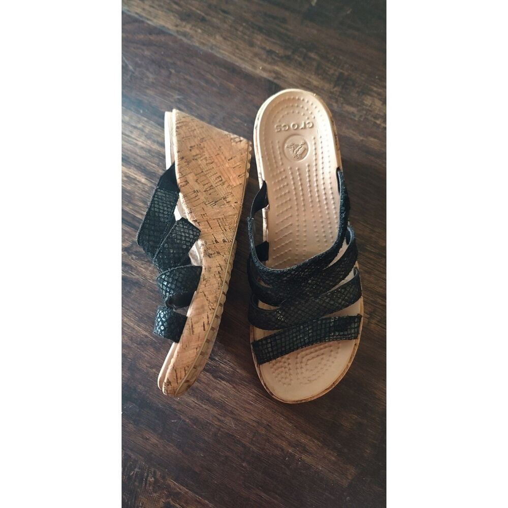 CROCS size 7 tan wedge sandals black stretch comfortable slide platform - Picture 2 of 5
